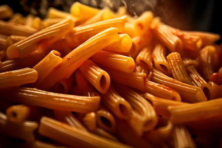 Delectable and mouthwatering Italian pasta drenched in flavorful sauce, captured up closeの素材