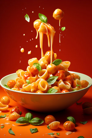 Pasta adorned with a delectable blend of basil and tomato sauce set against a vibrant red backgroundの素材