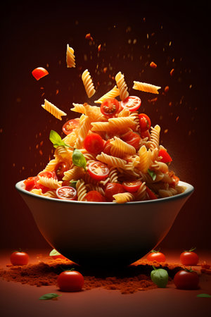 Pasta with basil and tomato sauce on a red backgroundの素材