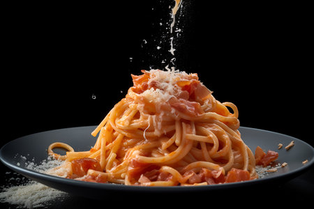 Spaghetti with meat and cheese in a plate on a black backgroundの素材
