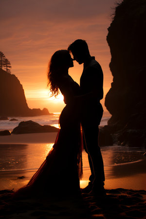 The silhouettes of a loving couple by the sea during a beautiful sunsetの素材