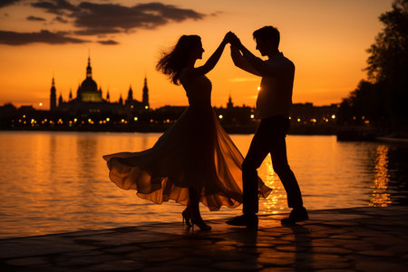 Silhouettes of an affectionate couple dancing by the river against the backdrop of the evening cityの素材