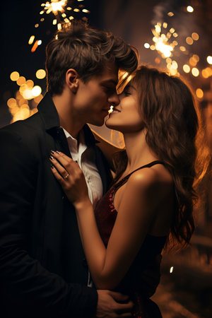 A lovely couple deeply in love embraces each other against the backdrop of Valentine's Day fireworksの素材