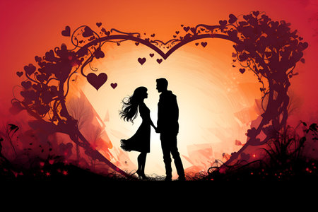 Silhouette of a couple in love in a heart, Valentines Dayの素材