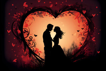 The silhouette of a romantic couple embraced within the contours of a heart shape, Valentine's Dayの素材