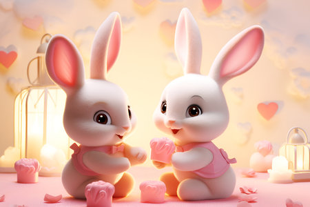 Cartoon rabbits surrounded by hearts against a peach backdrop, Valentine's Dayの素材
