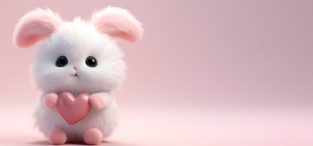 White fluffy rabbit with a heart on a pink background, Valentines day, bannerの素材