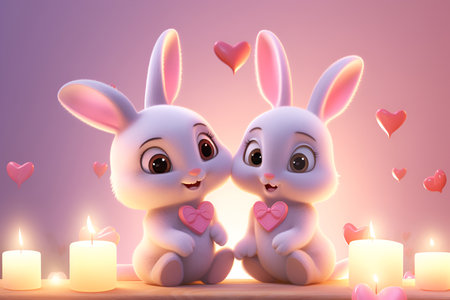 Cartoon rabbits surrounded by hearts against a pink backdrop, Valentine's Dayの素材