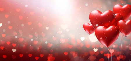 A Valentines Day-themed backdrop featuring heart-shaped red balloons, bannerの素材