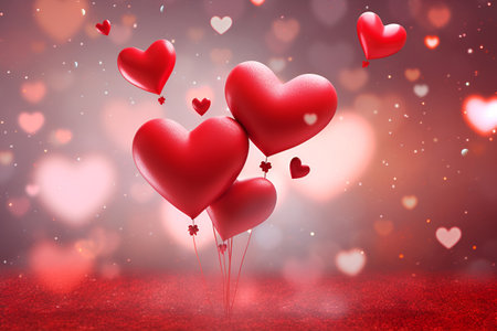 A Valentine's Day setting adorned with heart-shaped red balloons, creating a festive backgroundの素材