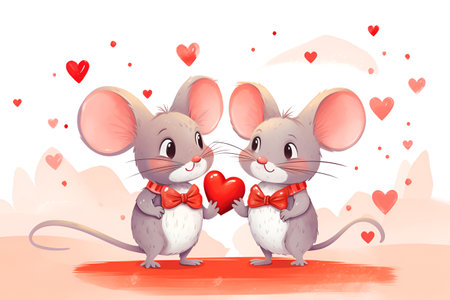Illustration of affectionate mice exchanging red hearts, Valentines Day, bannerの素材