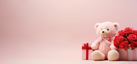 A teddy bear with a bouquet of flowers set against a gentle, soft pink background, bannerの素材