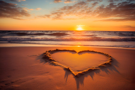 A heart drawn on the sandy shore during the sunset by the seaの素材