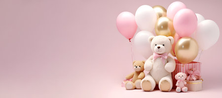 Teddy bears with gift boxes and balloons on a pink background, bannerの素材