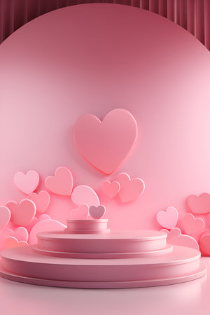 A round podium, mockup, with pink hearts, for presenting Valentine's Day products or designsの素材