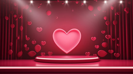 Mockup pedestal adorned with vivid pink hearts, for Valentine's Day presentations or displaysの素材