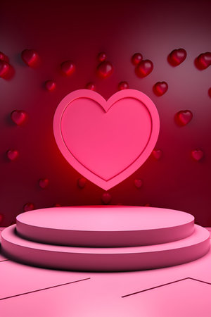 Mockup pedestal adorned with vivid pink hearts, for Valentine's Day presentations or displaysの素材