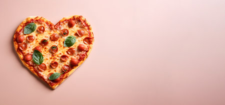 Pizza in the shape of a heart on a pink background, bannerの素材