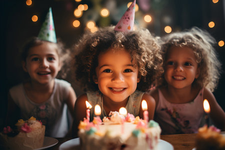 A group of kids wearing party hats, standing around a birthday cake illuminated with candlesの素材