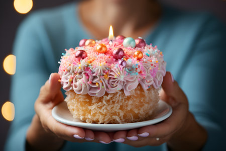 A woman holding a celebratory birthday cake in her handsの素材