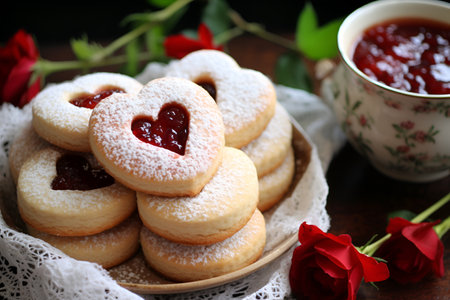 Heart-shaped cookies filled with luscious berry jam in the centerの素材
