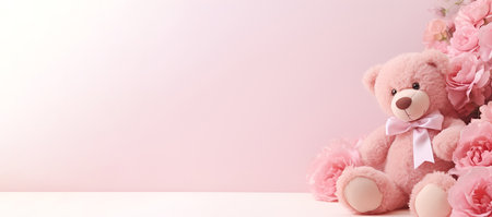 Teddy bear with flowers on a soft pink background, bannerの素材