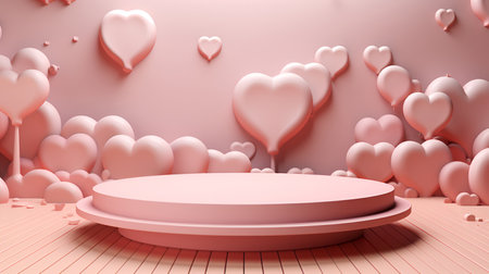 A round podium, mockup, with pink hearts, for presenting Valentine's Day products or designsの素材