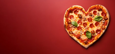 Pizza in the shape of a heart on a red background, bannerの素材
