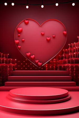 Red mockup platform, adorned with hearts, for presenting products with a Valentine's Day themeの素材