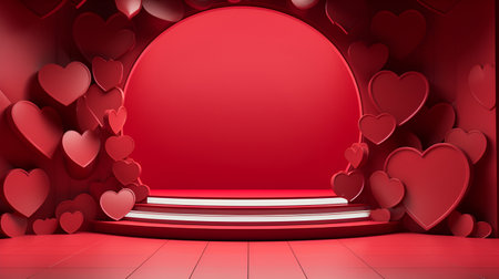 Red mockup platform, adorned with hearts, for presenting products with a Valentine's Day themeの素材