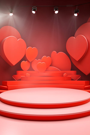 Mockup platform, adorned with red hearts, for presenting products with a Valentine's Day themeの素材