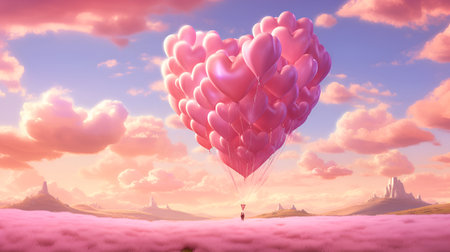 Heart-shaped balloons floating amid rosy clouds, creating a romantic atmosphere for Valentine's Dayの素材