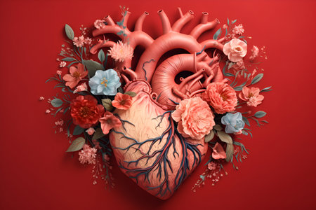 3D Illustration of a human heart with flowers on a red background, bannerの素材