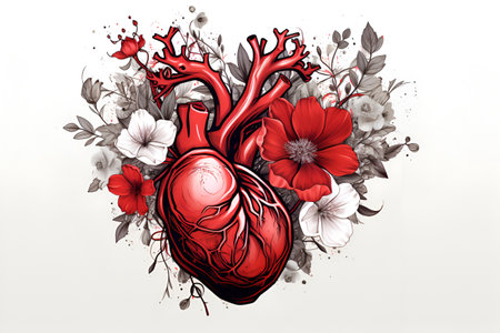 A black and white illustration of a red human heart with flowers, crafted as a tattoo sketchの素材