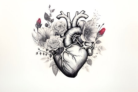 Monochrome sketch of a human heart adorned with flowers and red buds, designed as a tattoo conceptの素材