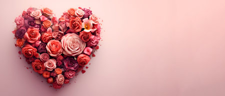 Heart made of flowers on a pink pastel background, bannerの素材