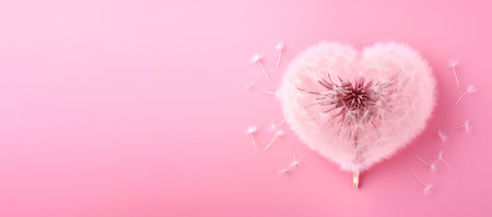 Fluffy dandelion heart on a pink background, bannerの素材