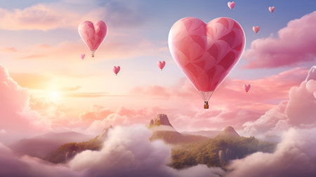 Heart-shaped air balloons floating amid rosy clouds, a romantic atmosphere for Valentine's Dayの素材