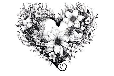 Black and white sketch featuring a heart embellished with flowers, created as a concept for a tattooの素材