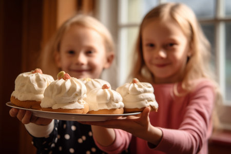 Children cradle a plate with Swedish semla buns generously filled with whipped creamの素材