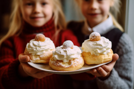 Children cradle a plate with Swedish semla buns generously filled with whipped creamの素材