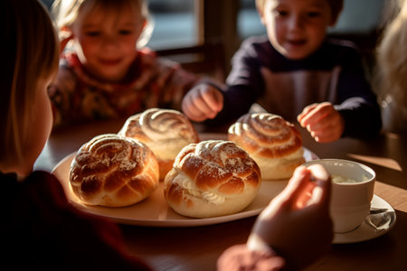 Kids gathered around a table, enjoying Swedish semla buns adorned with whipped creamの素材