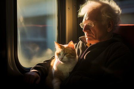 A senior man embarks on a train journey accompanied by his feline companionの素材