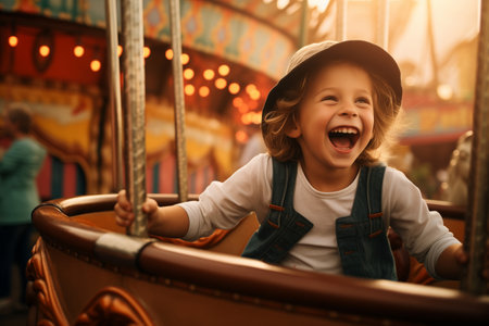 A young boy wearing a hat is delighting in the amusements at the theme parkの素材