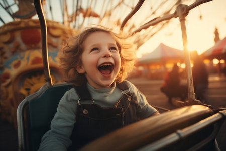 A young boy is enjoying the attractions and rides at the amusement parkの素材