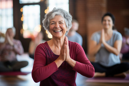 A senior woman is joining in a group yoga classの素材