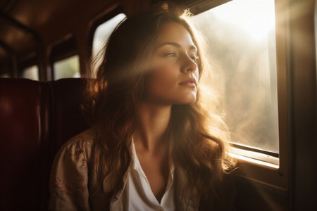 A young woman dreamily sits in the rays of the sun by the window while traveling by trainの素材