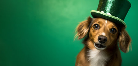 A dog in a top hat on a green background, St. Patricks Day, bannerの素材