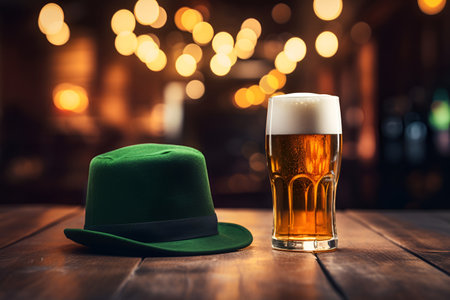 Beer glass with frothy foam and a green leprechaun hat on a wooden pub table for St. Patrick's Dayの素材