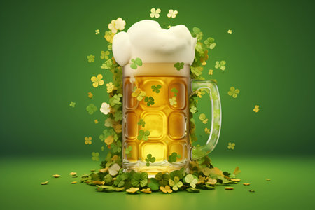 Beer glass with foam and Irish four-leaf clover on green background, St. Patrick's Day.の素材